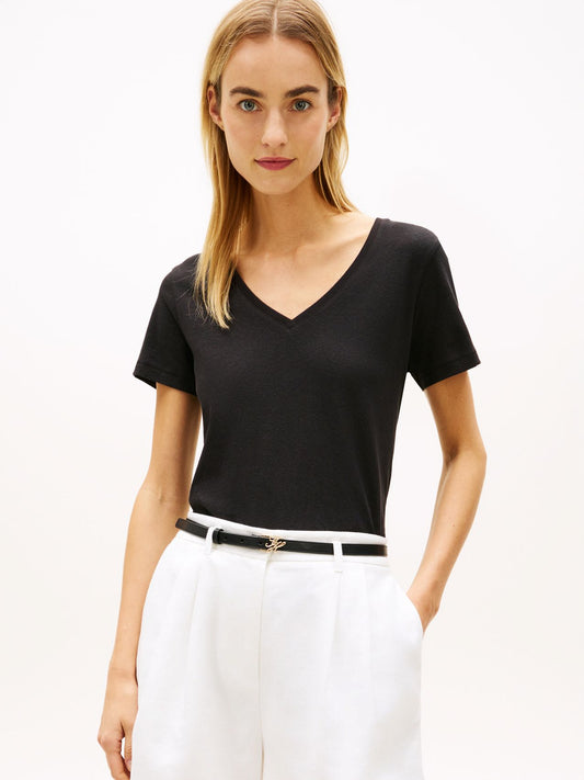 TOMMY HILFIGER T-Shirt mit V-Ausschnitt aus Leinenmix