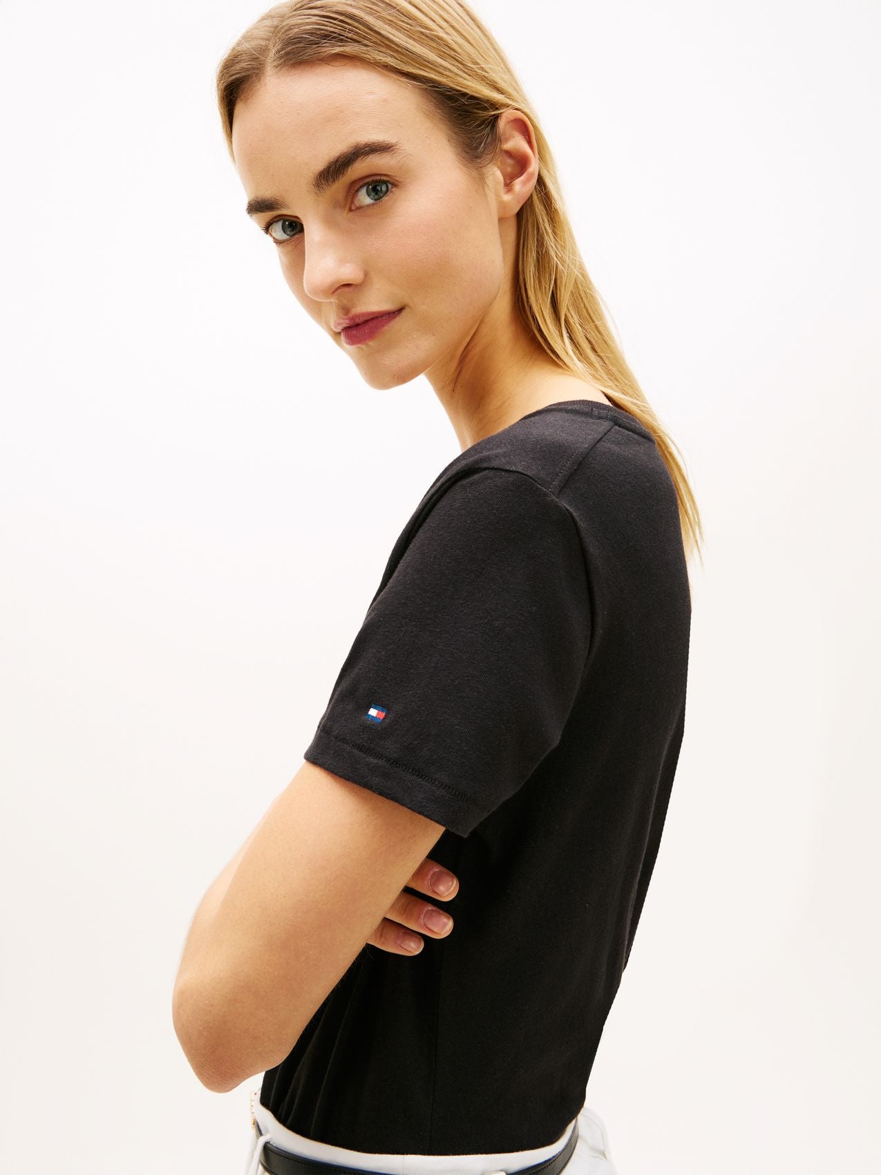 TOMMY HILFIGER T-Shirt mit V-Ausschnitt aus Leinenmix