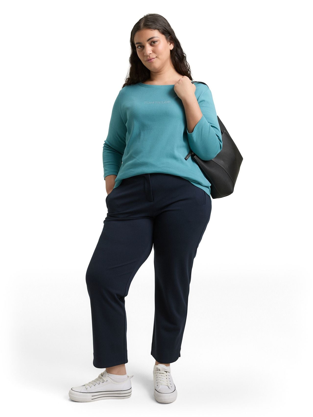Plus Size - Slim Fit Langarmshirt mit Glitzer-Logo