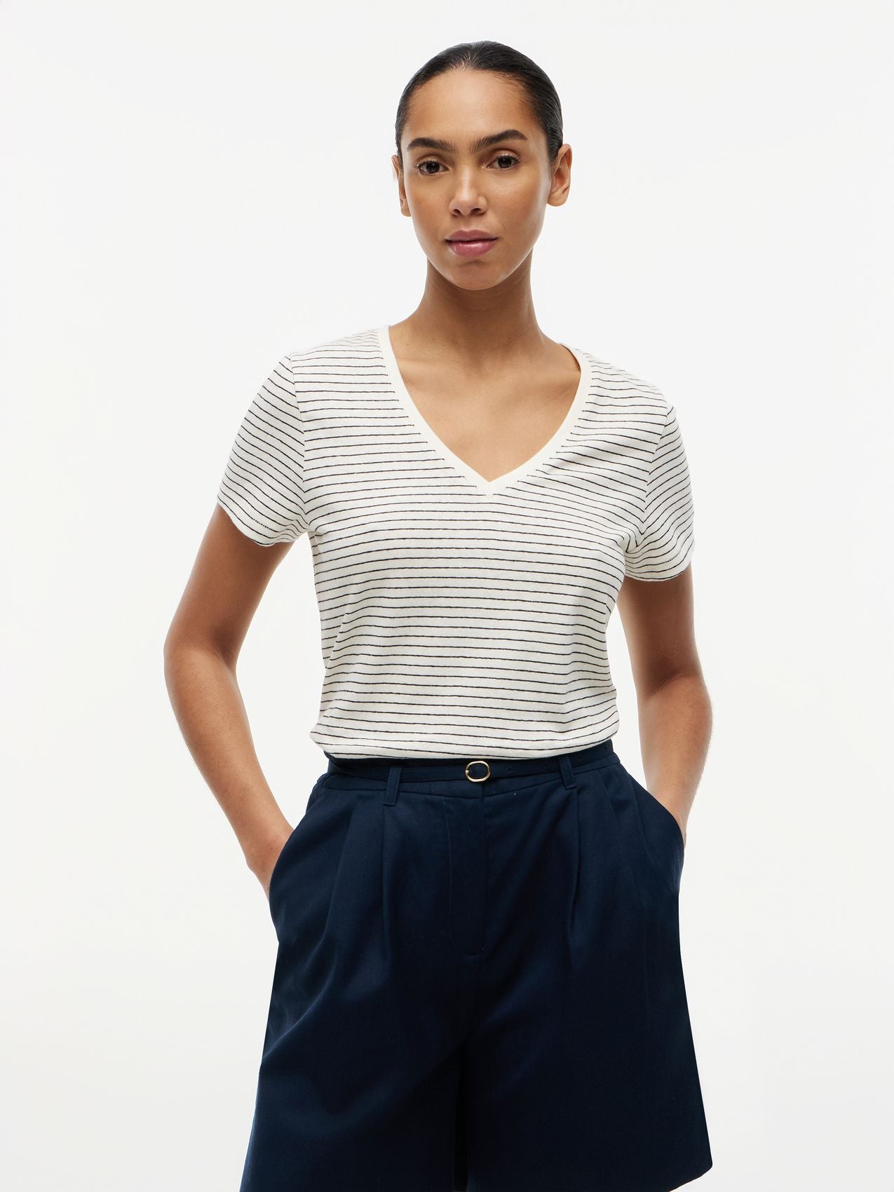 TOMMY HILFIGER T-Shirt mit V-Ausschnitt aus Leinenmix
