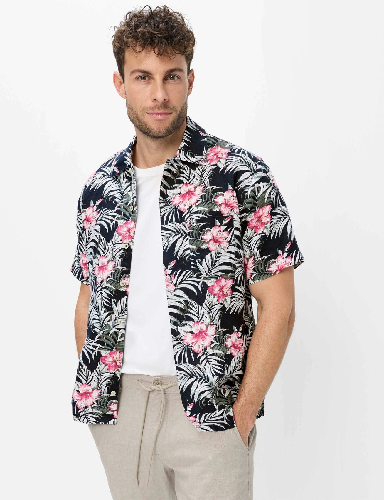 BRAX Kurzes Leinenhemd mit Blumenmuster "Style Luke"