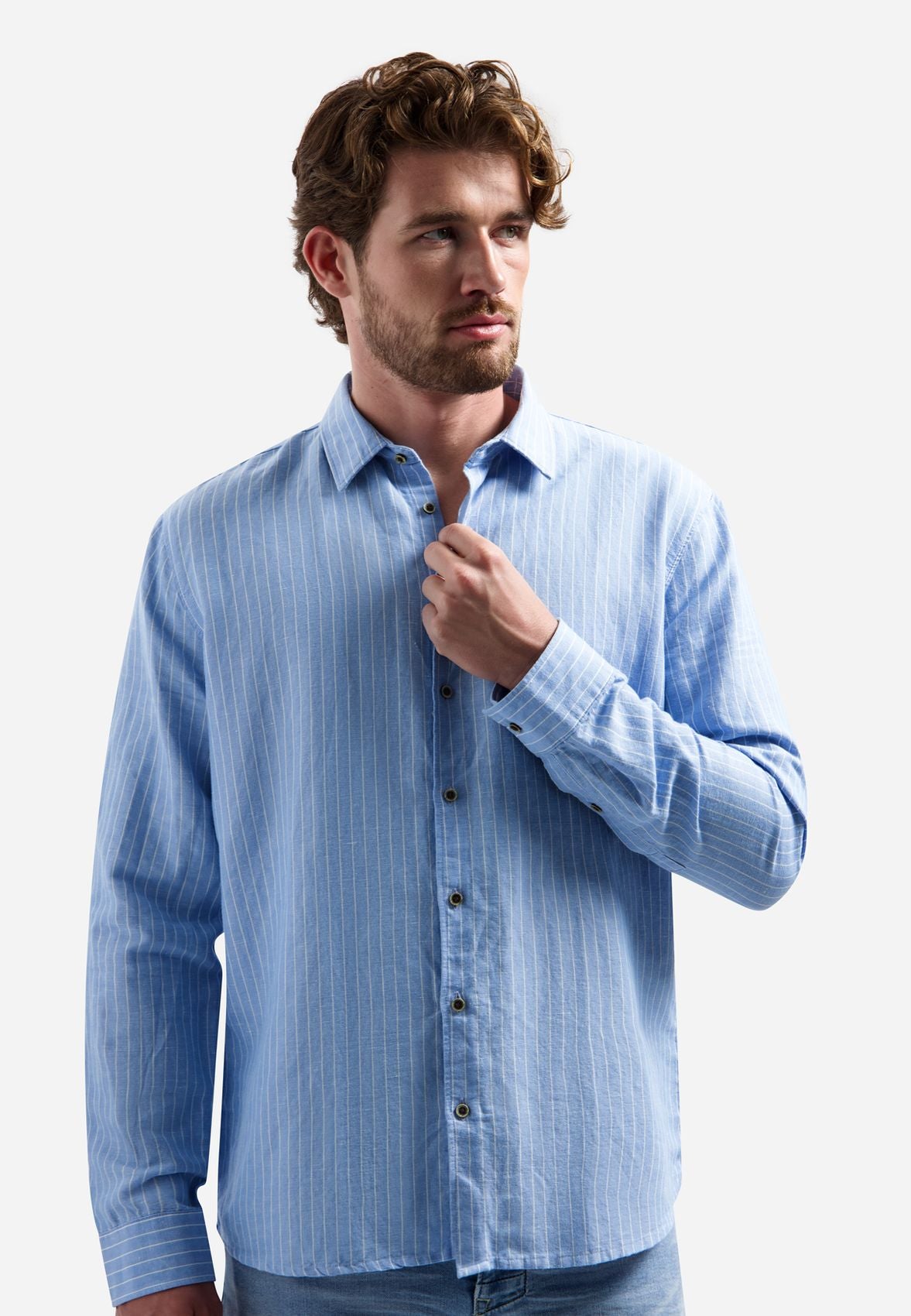 NO EXCESS Shirt Vertical Small Stripe With Linen