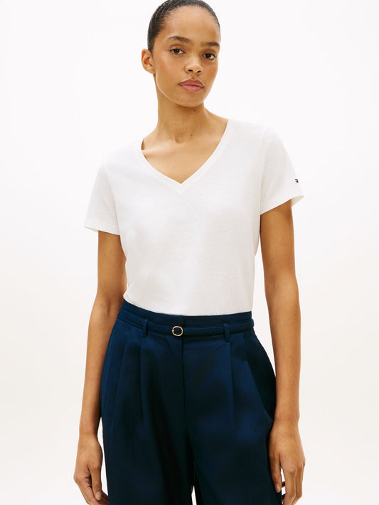 TOMMY HILFIGER T-Shirt mit V-Ausschnitt aus Leinenmix