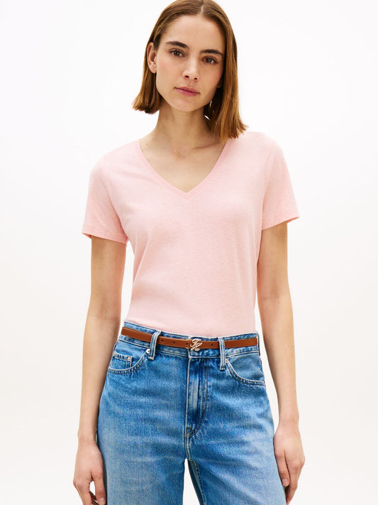 TOMMY HILFIGER T-Shirt mit V-Ausschnitt aus Leinenmix