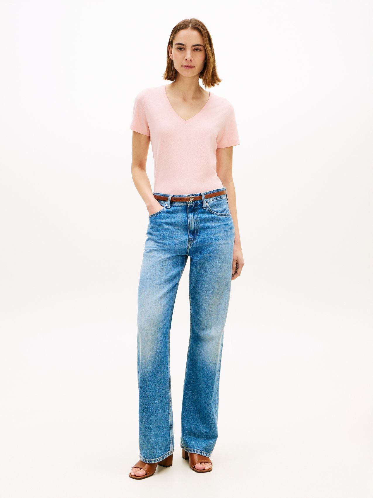 TOMMY HILFIGER T-Shirt mit V-Ausschnitt aus Leinenmix