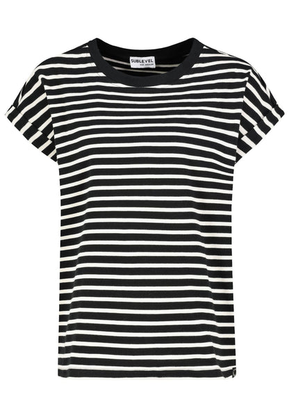 SUBLEVEL Damen, Shirt kurzarm, black-beige STRIPES S