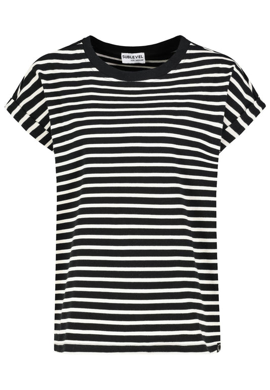 SUBLEVEL Damen, Shirt kurzarm, black-beige STRIPES