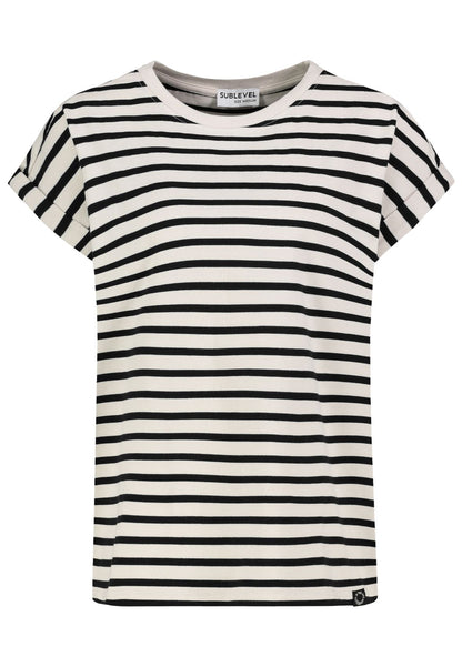 SUBLEVEL Damen, Shirt kurzarm, beige-black STRIPES XS