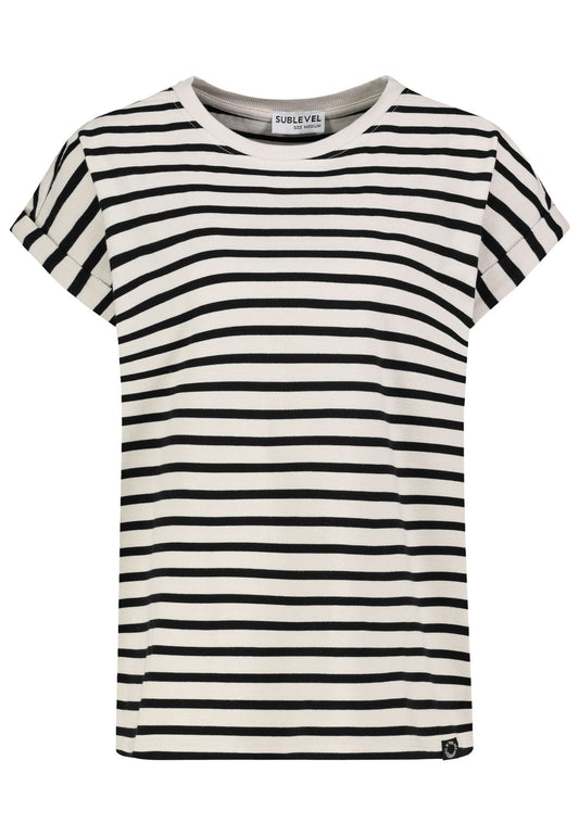 SUBLEVEL Damen, Shirt kurzarm, beige-black STRIPES XS