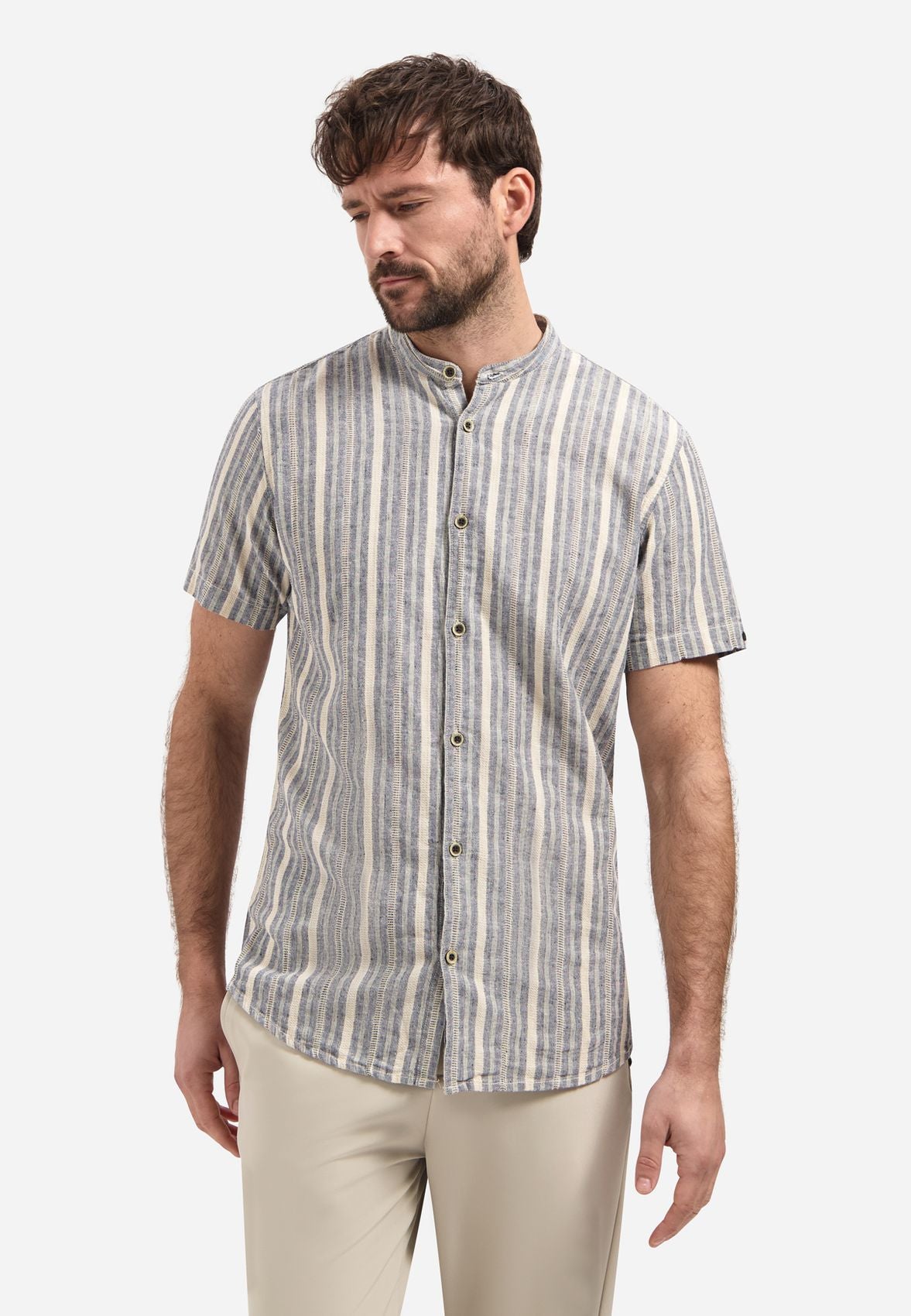 NO EXCESS Shirt Short Sleeve Yarn Dyed Dobby Stripe With Linen L