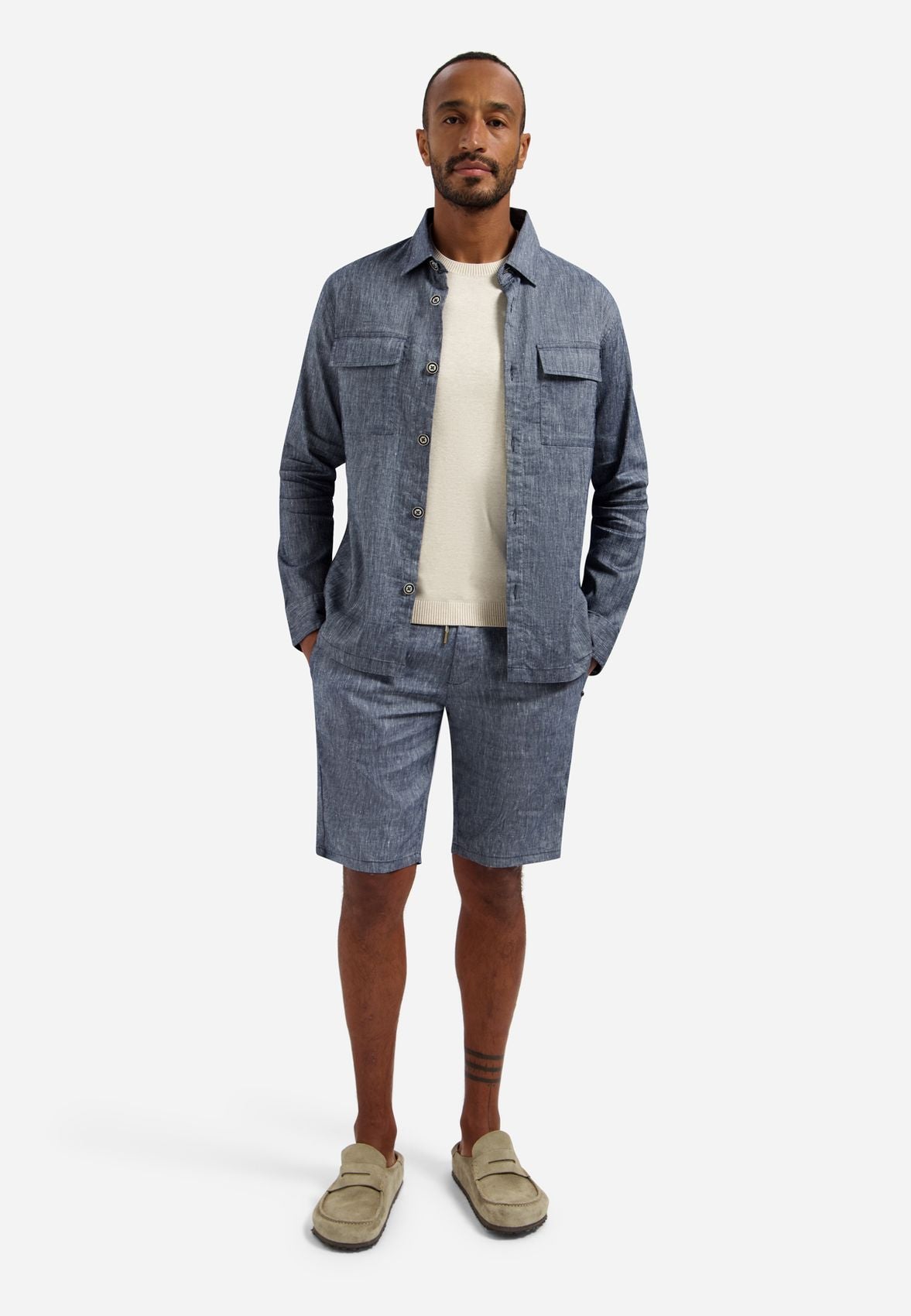 NO EXCESS Overshirt Full Button 2-Tone With Linen