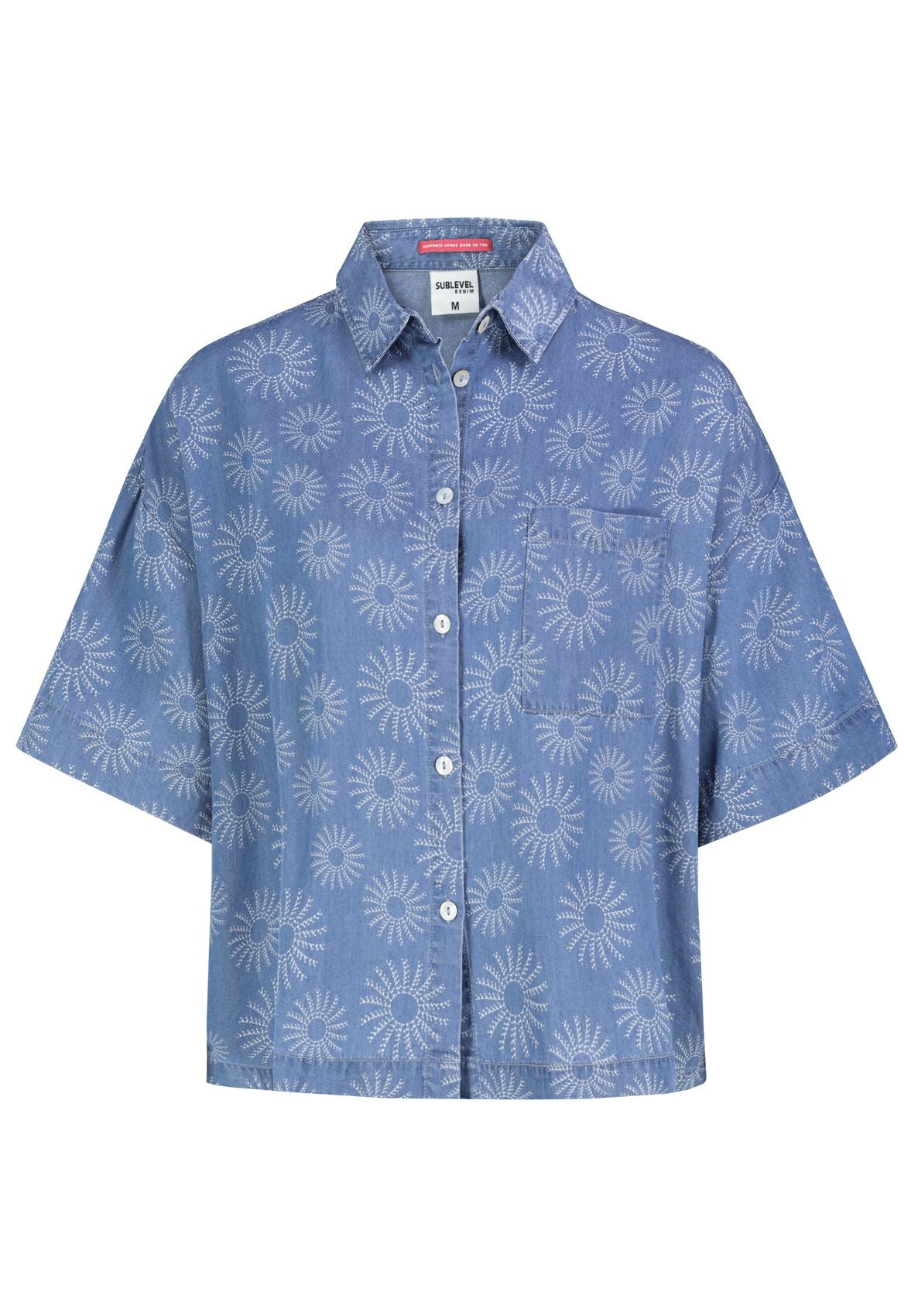 SUBLEVEL Damen, Bluse kurzarm, middle blue denim + bleach print S