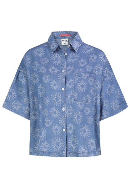 SUBLEVEL Damen, Bluse kurzarm, middle blue denim + bleach print S