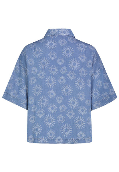 SUBLEVEL Damen, Bluse kurzarm, middle blue denim + bleach print