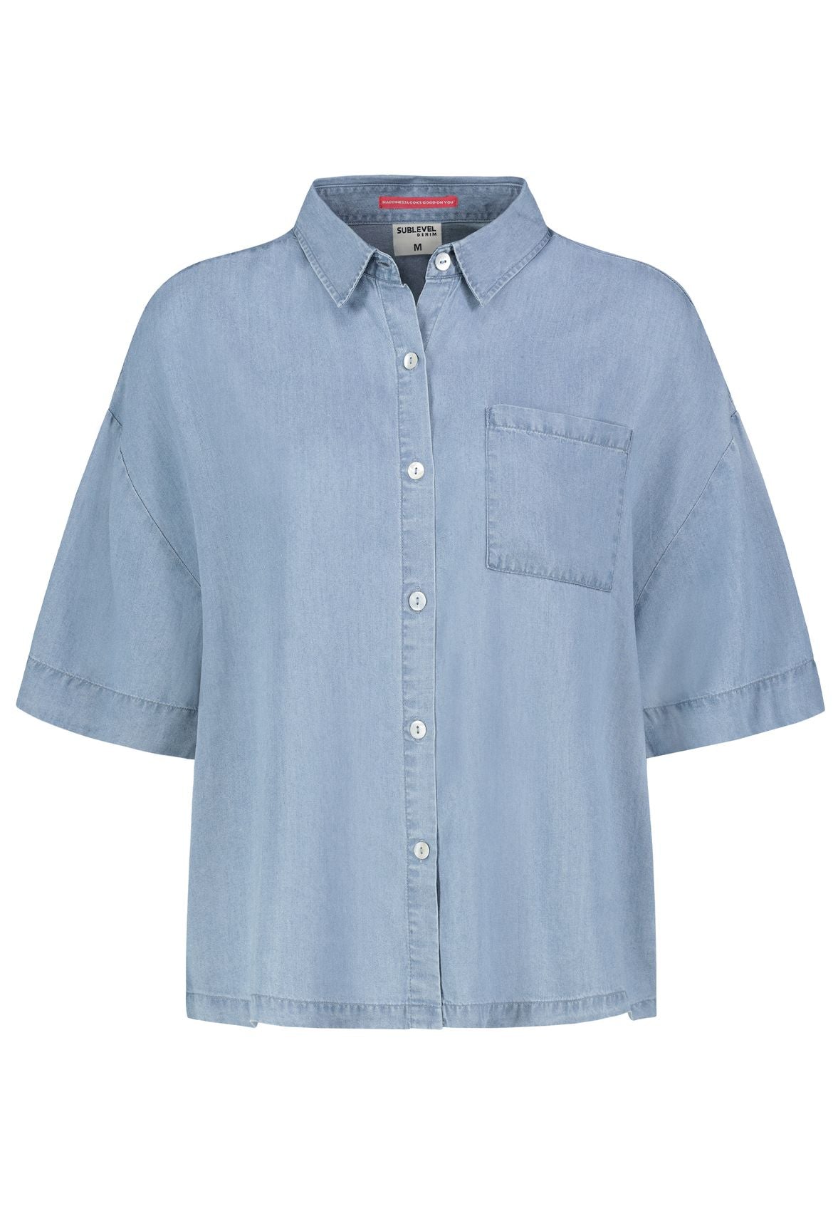 SUBLEVEL Damen, Bluse kurzarm, MIDDLE BLUE DENIM