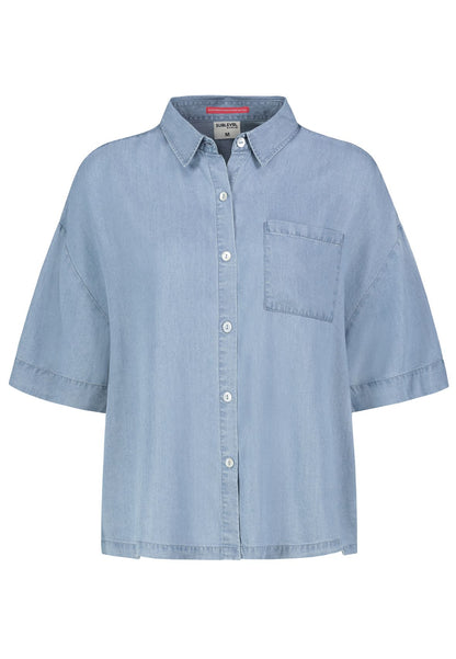 SUBLEVEL Damen, Bluse kurzarm, MIDDLE BLUE DENIM