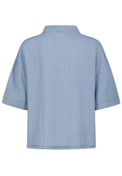 SUBLEVEL Damen, Bluse kurzarm, MIDDLE BLUE DENIM