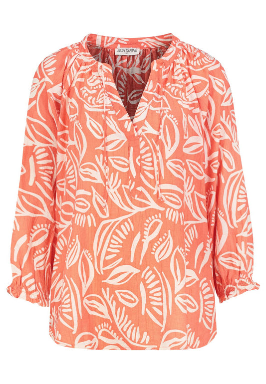 Damen, Bluse langarm, leaves: shiny coral-offwhite