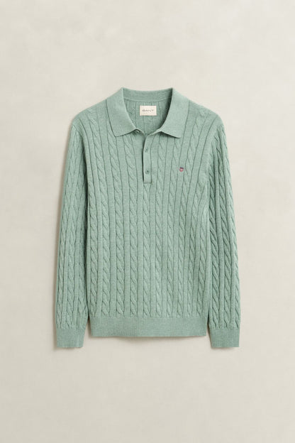 GANT COTTON CABLE POLO, SOFT GREEN MELANGE