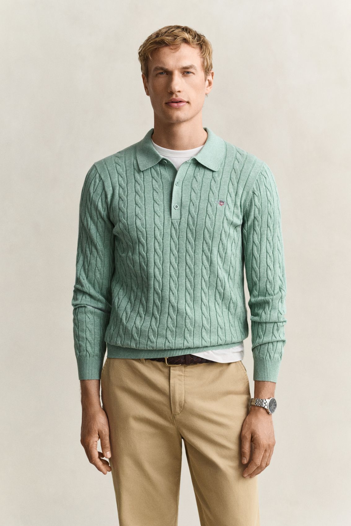GANT COTTON CABLE POLO, SOFT GREEN MELANGE