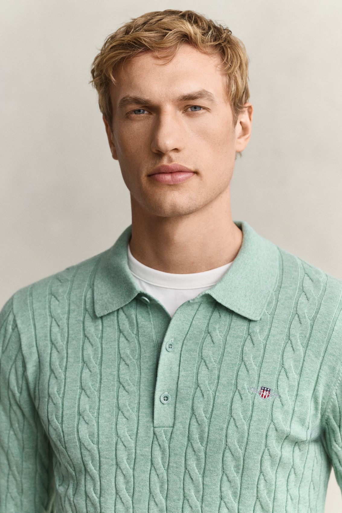 GANT COTTON CABLE POLO, SOFT GREEN MELANGE