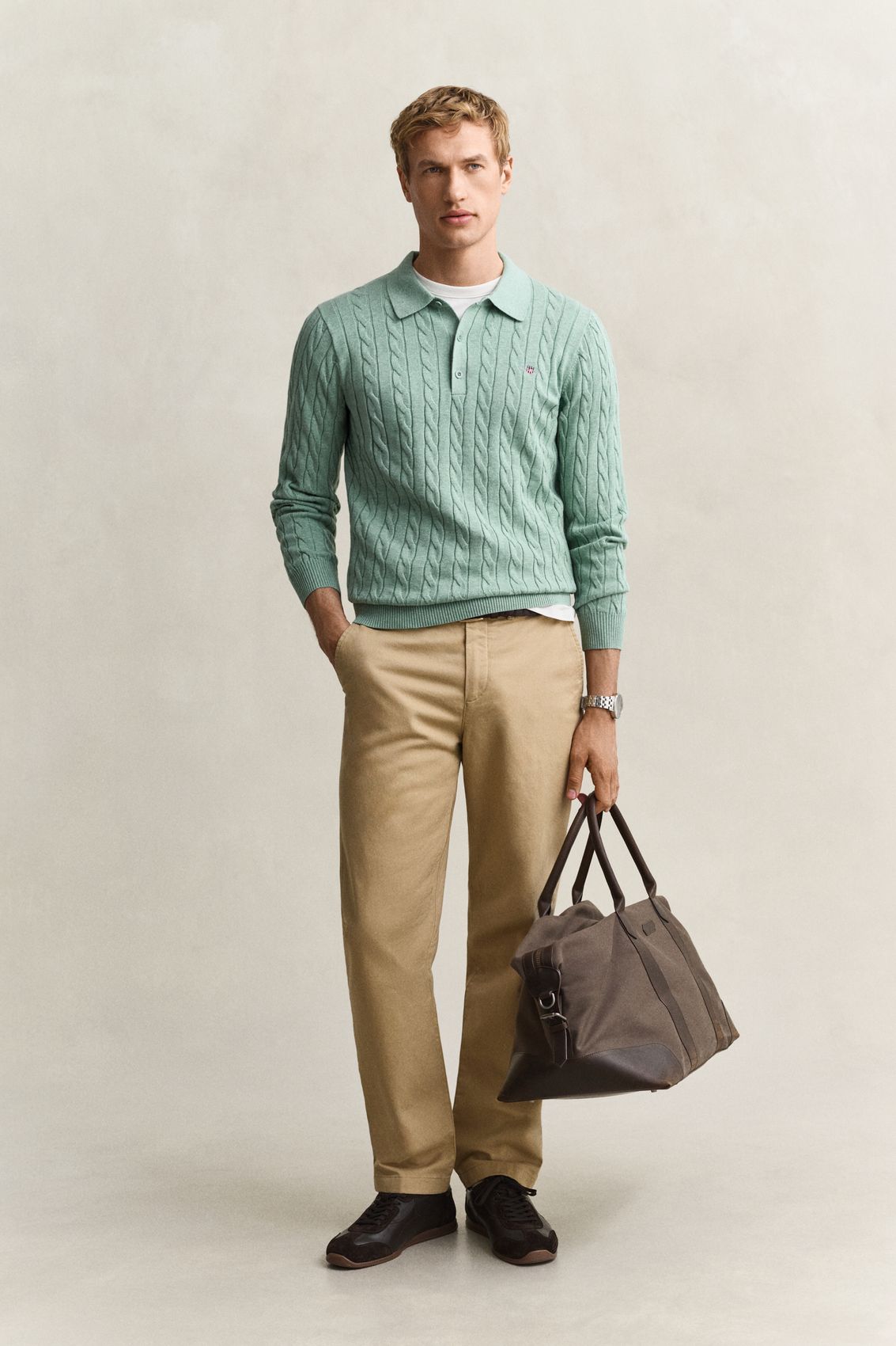 GANT COTTON CABLE POLO, SOFT GREEN MELANGE